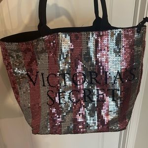 Victoria’s Secret tote bag, black bag, silver, and pink sequin
